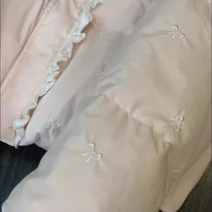 핑크 리본 매듭 코튼 재킷 여성 겨울 패션 고급스러운 느낌 패치워크 코트 긴 소매 반 하이 칼라 싱글 버튼