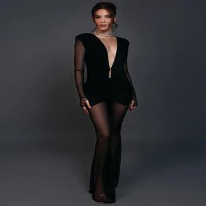 Mozision 딥 브이 넥 긴 소매 섹시한 점프 슈트 여성 가을 ​​겨울 패치 워크 러칭 클럽 파티 점프 슈트 여성