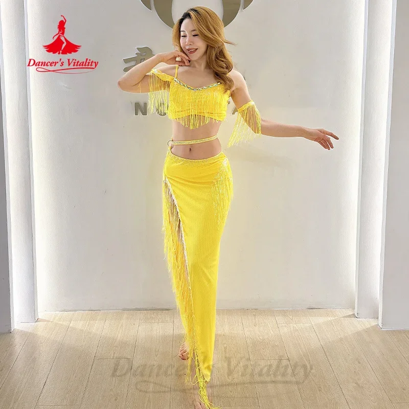 여성을위한 BellyDance 복장 맞춤형 럭셔리 라인 석 탑 + 섹시한 롱 스커트 2pcs 성인 및 어린이 전문 연습 옷