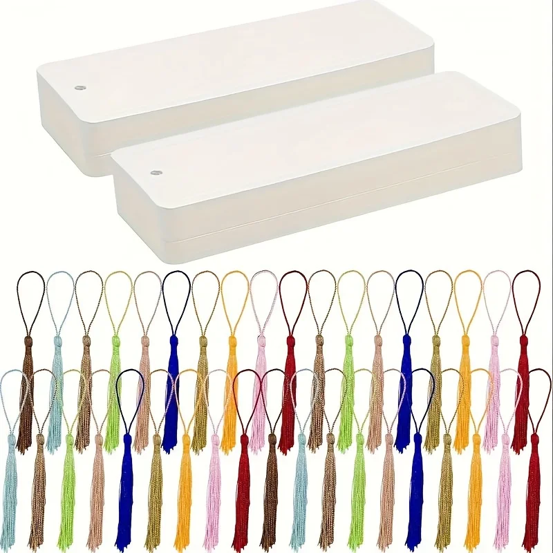 60Pcs (30 술과 30 책갈피) 손으로 그린 ​​빈 책갈피와 다채로운 술 - DIY 선물 공예 액세서리 만들기 종이 책갈피 흰색 골판지 손으로 그린 ​​책갈피 선물 포장 가방 교수형 도화지