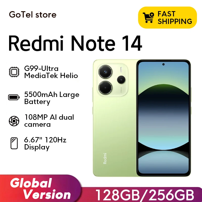 【브랜드+】글로벌 버전 샤오미 레드미 노트 14 미디어텍 헬리오 G99-울트라 108MP AI 5500mAh 6.67인치 AMOLED 120Hz 디스플레이