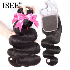 ISEE 인간의 머리카락 묶음 (클로저 포함) 3 묶음 바디 웨이브 번들 (정면 헤어 익스텐션 포함) 인디언 헤어 4x4 레이스 프리 파트