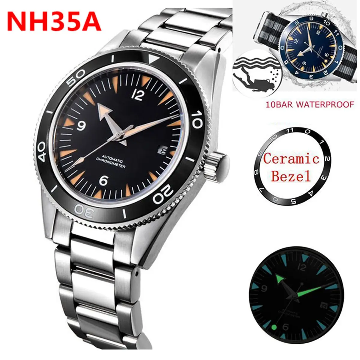 사용자 정의 로고 NH35 무브먼트 시계 10bars Mens 41mm 사파이어 세라믹 베젤 남성 기계식 시계 다이버 스포츠 자동 손목 시계