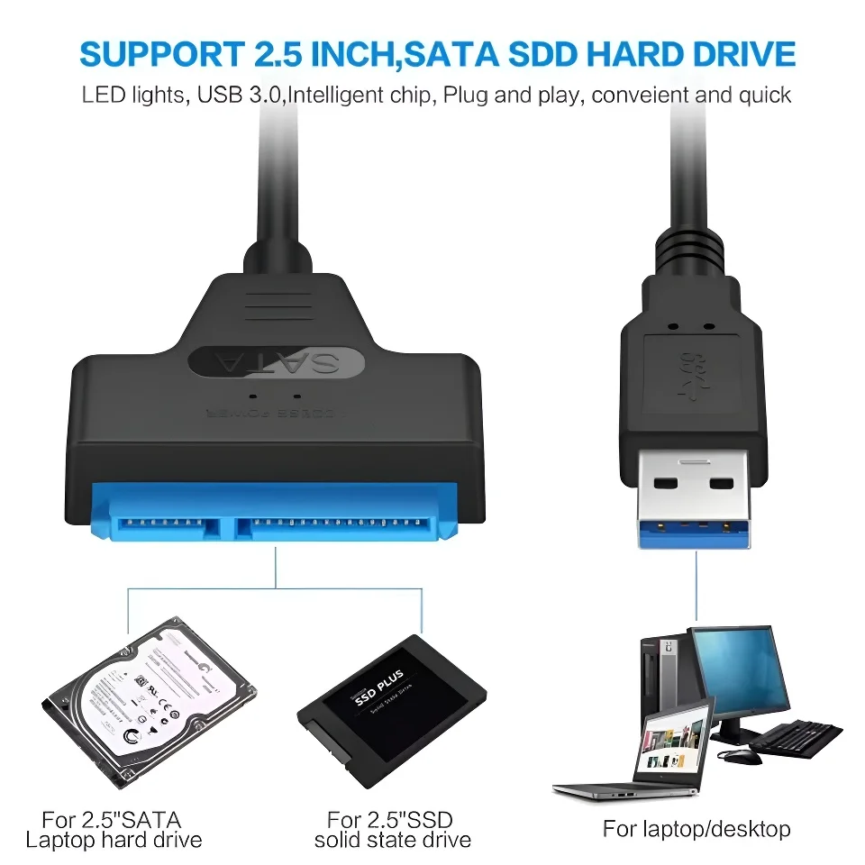 SATA to USB 3.0 어댑터 케이블 USB to SATA 3 케이블 22핀 2.5인치 외장 HDD SSD 하드 디스크 컴퓨터 커넥터 지원