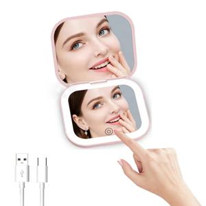 2배율 조명 내장 컴팩트 화장 거울, 여행용 미니 선물 접이식 휴대용 LED 손거울