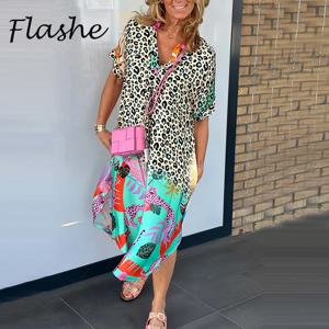 플러스 사이즈 레오파드 프린트 맥시 드레스, 캐주얼 V넥, 반팔, 긴 원피스, 해변 홀리데이 원피스, 여름 로브