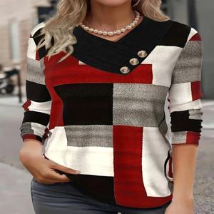 가을 얇은 패션 격자 무늬 프린트 V 넥 버튼 플러스 사이즈 여성 긴 소매 티셔츠