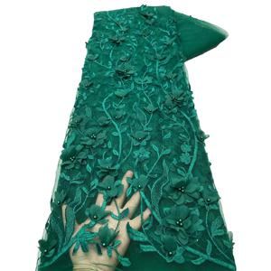 2025 녹색 3d 레이스 꽃 자수 Applique 패브릭 아프리카 신부 Tulle 5 야드에 대한 고품질 꽃 레이스 직물