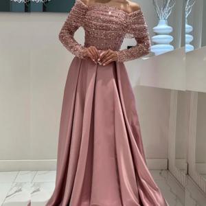 맞춤형 중국 스타일 저지 플리츠 스팽글 A라인 오프 숄더 미디 드레스, 맞춤형 행사 드레스, 클래식 절묘한 P