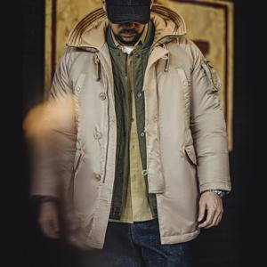 Maden Retro Pilot 코튼 패딩 자켓 남성용 가을, 겨울 카키 컬러 아웃웨어를위한 두꺼운 중간 길이 후드 따뜻한 코트