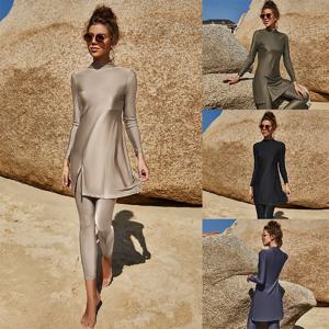 아랍 수영복 투피스 보수적 인 해변 서핑 태양 보호 수영복 이슬람 솔리드 컬러 긴팔 바지 풀 랩 수영