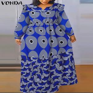 플러스 사이즈 5XL VONDA 보헤미안 인쇄 긴 드레스 여성 긴 랜턴 슬리브 Vestidos 우아한 V 넥 Sundress 휴일 가운 Femme