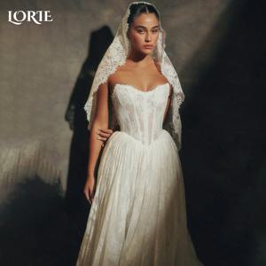 LORIE 빈티지 레이스 웨딩 원피스, A 라인 스트랩리스 아플리케, 공주 신부 가운, V 코르셋, 3D 플라워 볼 신부 가운, 맞춤형