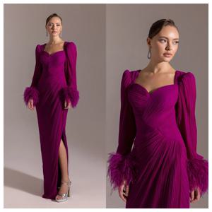 CustomizedCustomized 우아한 보라색 쉬폰 이브닝 드레스 아가 긴 소매 홈 커밍 드레스 섬세한 깃털 Vestido D