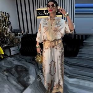 여름 패션 인쇄 여성 2 피스 세트 꽃 지퍼 야구 유니폼 Drawstring 바지 투피스 복장 우아한 사무복