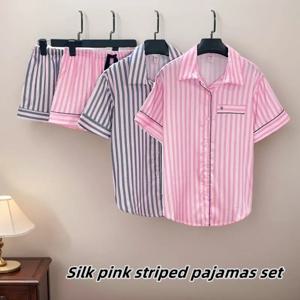 2025 여성을위한 여름 실크 새틴 잠옷 얇은 패션 파티 캐주얼 의류 반팔 핑크 스트라이프 홈 의류 투피스 세트