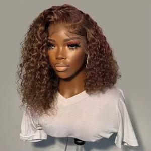 13x4 초콜릿 브라운 밥 레이스 프론트 가발 웻 앤 웨이비 레이스 프론트 가발 인모 곱슬머리 프리 플러킹 투명 레이스 프론트 가발 # 4
