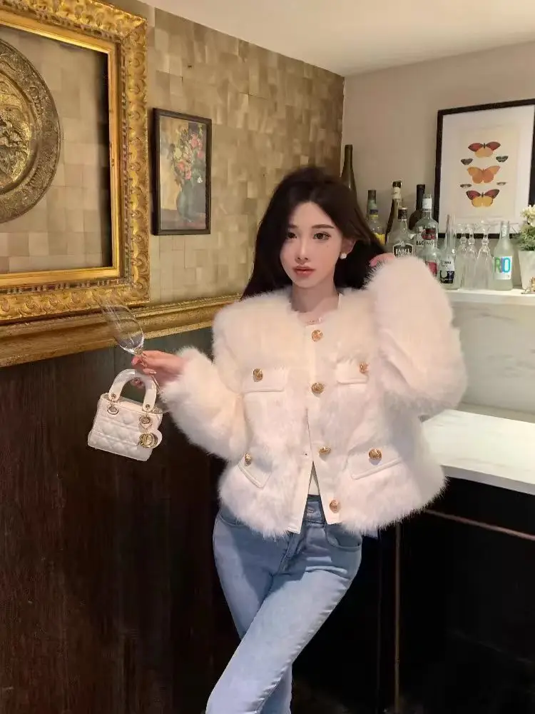 양털 자켓 여성용 가을 겨울 두꺼운 가죽과 모피 통합 시뮬레이션 모피 코트 럭셔리 감성 작은 향수 스타일