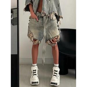 여성용 빈티지 찢어진 하라주쿠 루즈핏 청바지 Y2K Damage Emo Trashy Calf-Length Pants Kpop Baggy Washed Denim Trouser