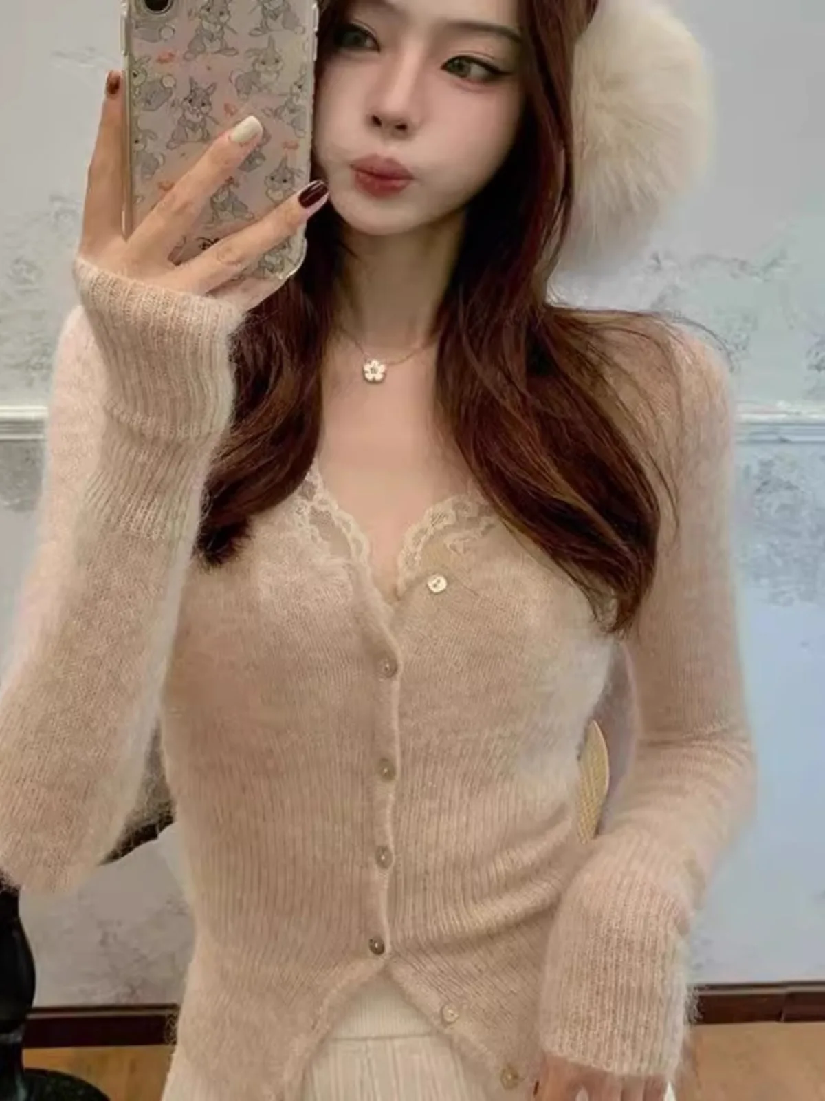 우아한 브이넥 레이스 스플라이스 니트 스웨터 여성용 가을 슬림핏 베이스 레이어 이너웨어 탑 젠틀 윈드 스타일 출퇴근 패션