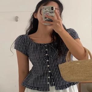 한국 스타일 달콤한 체크무늬 반팔 셔츠 여성 여름 신상 슬림핏 다용도 개성 상의 대학 달콤한 스타일