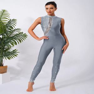 Womens Glittery Rhinestones 체조 피겨 스케이팅 발레 레오타드 댄스 의상 Rompers Bodysuit Bodycon Unitard Jumpsuit