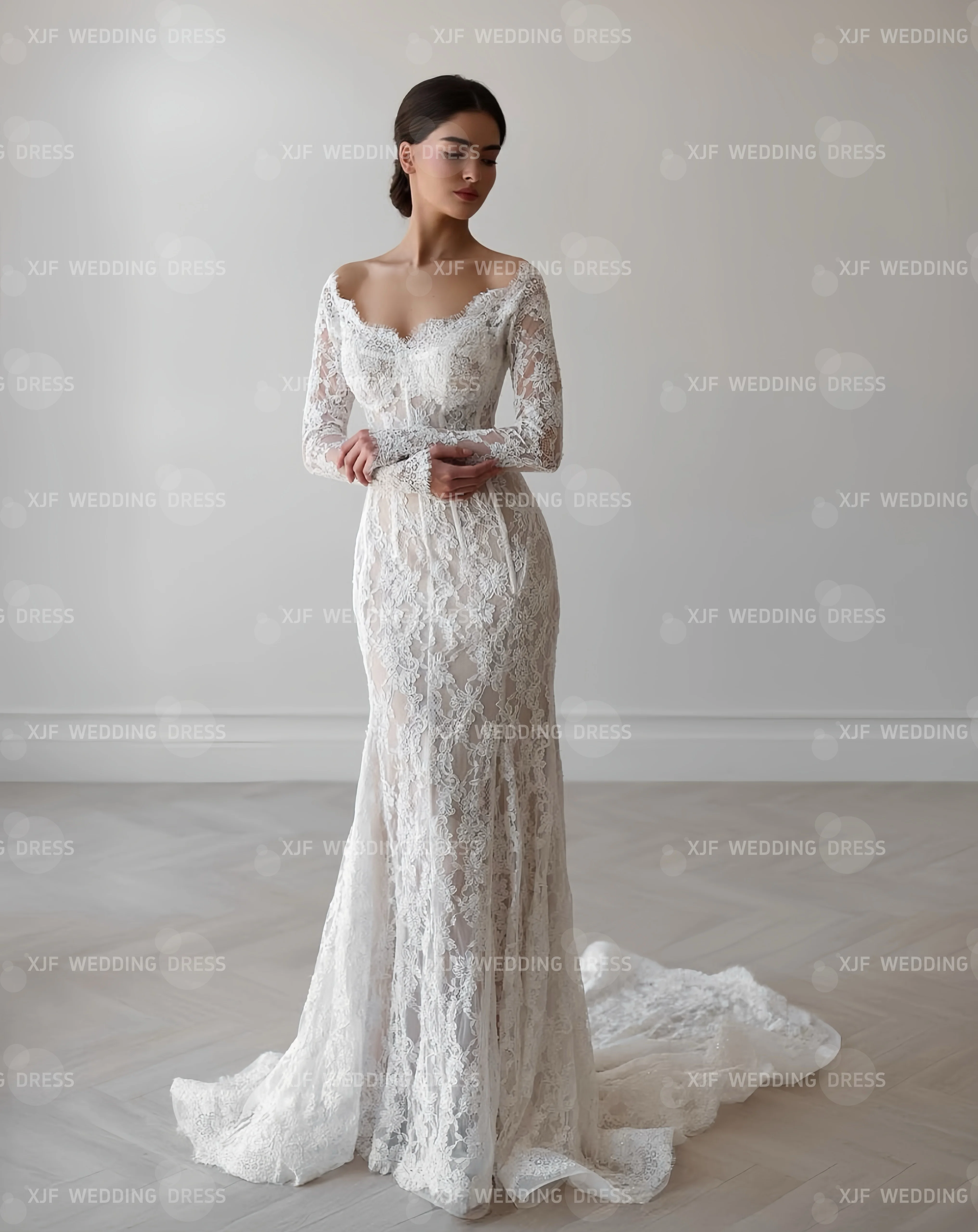 Customzied Sweet Collar 긴 소매 인어 분리형 테일 레이스 웨딩 드레스 vestidos de novia amanda novias amanda novias off