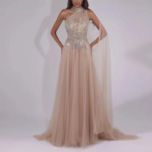 여성용 맞춤 제작 모던 크리스탈 플로위 이브닝 드레스, 원 숄더 A라인 정장 가운, 숄 튤 웨딩 게스트 드레스