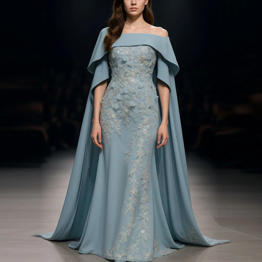 맞춤 제작된 우아한 숄 이브닝 드레스 2025 오프숄더 시퀸 아플리케 정장 드레스