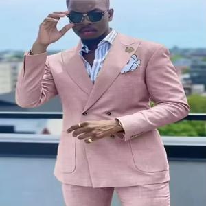 남성용 캐주얼 린넨 슈트 세트 슬림핏 더블 브레스티드 피크드 라펠 고급 맞춤형 투피스 (자켓+바지)