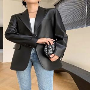 2025 가을 여성용 오버사이즈 리얼 레더 재킷 여성 100% 양가죽 레트로 브라운 넓은 어깨 수트 코트 스트리트웨어 블레이저