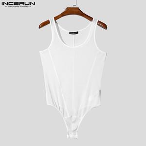 인세룬 남성 바디수트 솔리드 컬러 메쉬 시스루 O넥 민소매 남성 롬퍼 섹시 2025 플레이수트 패션 코지 바디수트 남성