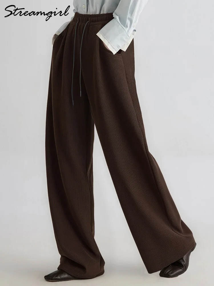 Streamgirl 여성 겨울 코듀로이 바지 다크 브라운 두꺼운 따뜻한 양털 바지 코듀로이 하이 웨이스트 루즈 팬츠 여성용