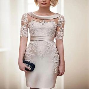 우아한 클래식 시스 웨딩 게스트 드레스 보트넥 새틴 무릎 길이 반소매 아플리케 레이스 프롬 가운 2025 무료 맞춤 제작