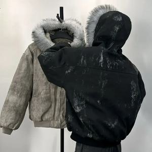 털 칼라가 달린 코튼 재킷, 독수리 자수와 타이다이 디자인의 겨울 남성용 아웃도어 재킷, 두껍고 편안함