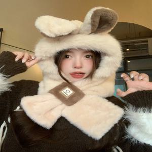 2Ni1 새로운 여성용 방풍 모자와 토끼 디자인의 따뜻한 스카프, 가을과 겨울에 적합, 목 따뜻한 모자, 깜짝 선물