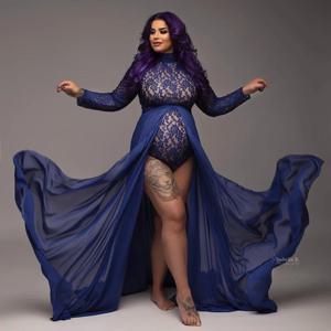 출산 사진 소품 드레스 신축성있는 레이스 바디 슈트 이동식 쉬폰 사이드 슬릿 스커트 사진 촬영을위한 임신 액세서리