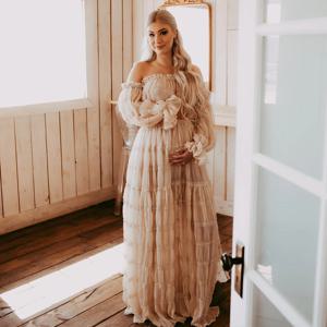 사진 촬영을위한 출산 가운 Pleated 쉬폰 섹시한 오프 숄더 탑 프릴 스플릿 드레스 여성을위한 사진 촬영 사진 드레스