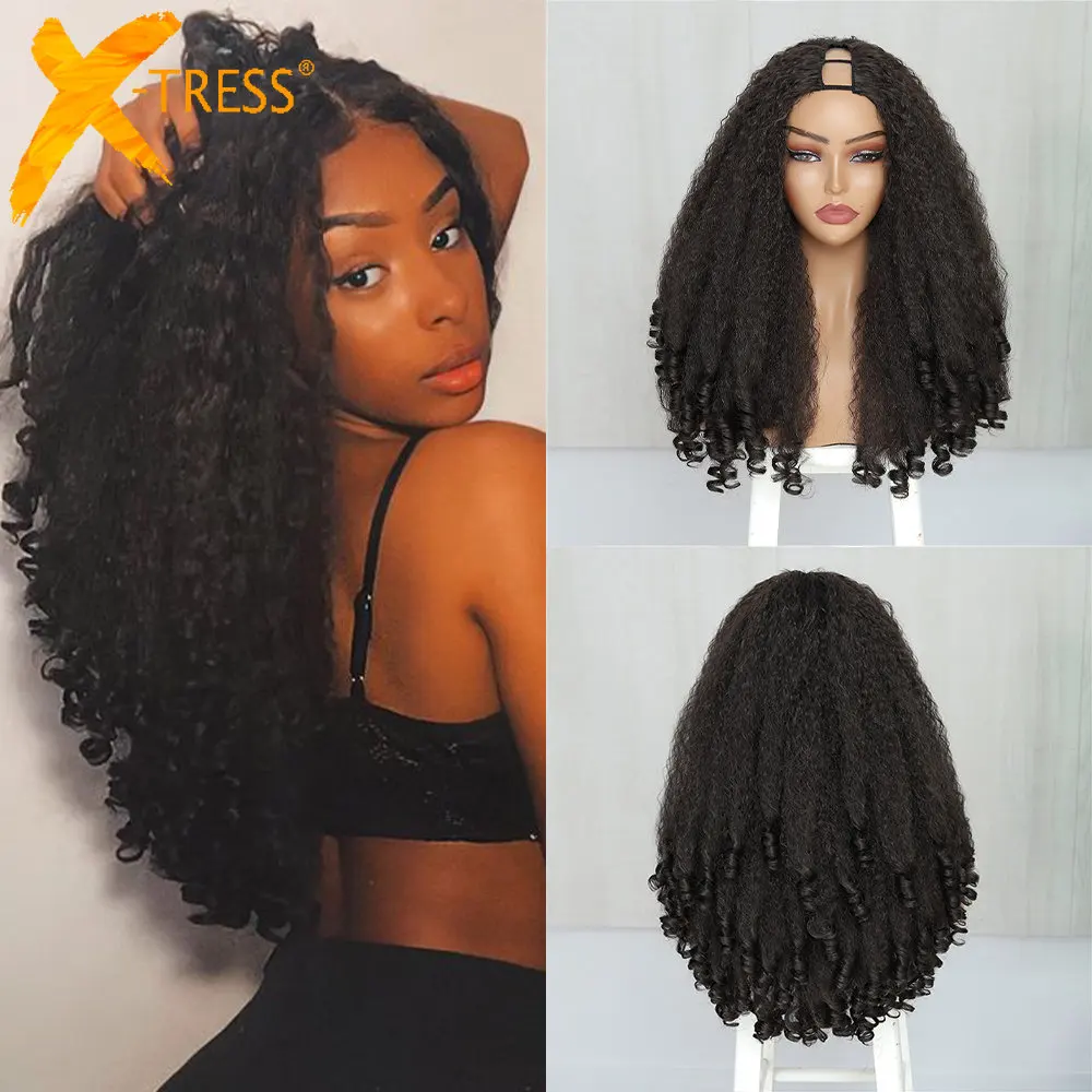 X-TRESS Afro Curly V 파트 가발(탄력 있는 컬 포함) 합성 킨키 스트레이트 글루리스 헤어(여성용) 하프 가발에 클립 없음