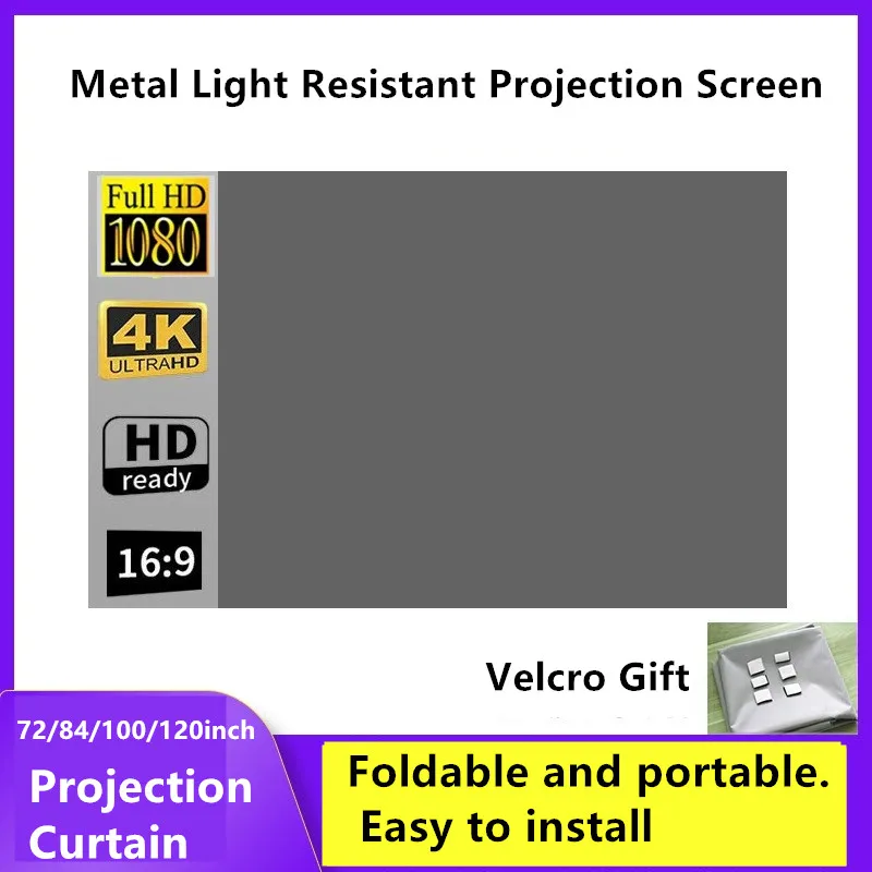 XIAOHUI 간단한 프로젝터 야외 폴리 에스터 소프트 커튼 72/84/100/120 인치 휴대용 HD 4K 영화 프로젝션 스크린 소프트 스크린