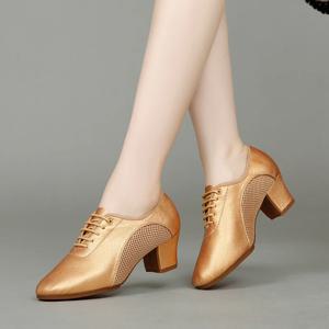 골드 댄스 신발 여성 메쉬 가죽 라틴 댄스 신발 부드러운 고무 밑창 볼룸 댄스 스니커즈 여성 하이힐 현대 댄스