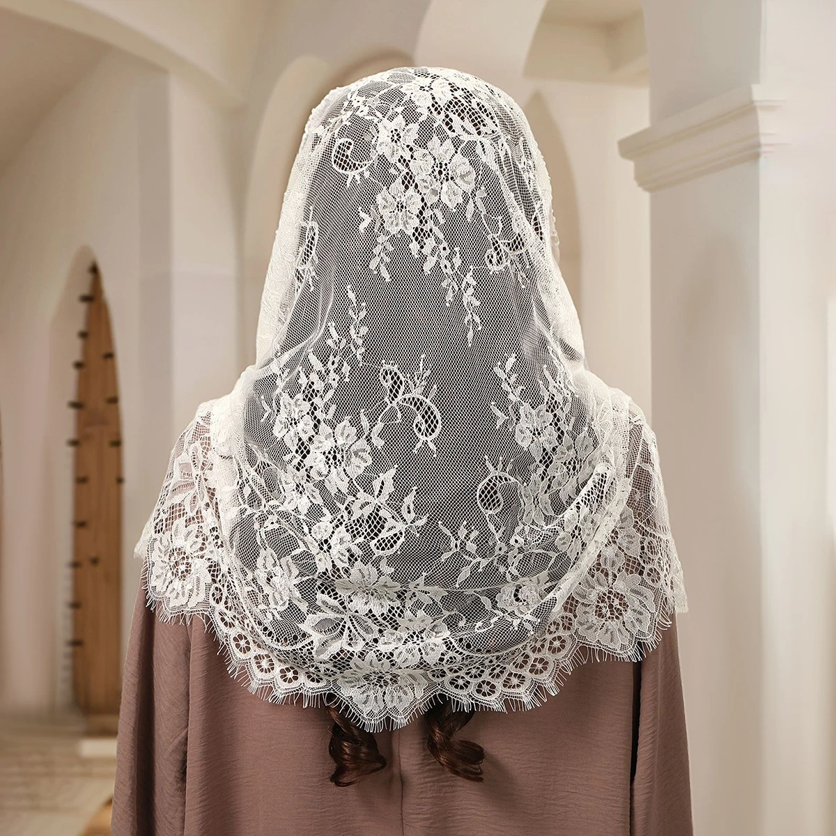 여성용 자수 레이스 스카프, 교회 숄, 단색 웨딩 템퍼러먼트 베일 스카프, 53*55cm