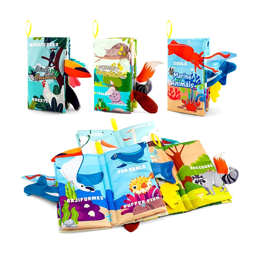 3-in-1 Crinkle Sound 감각 천 책 세트 - 0-12M 아기를 위한 BPA 프리 동물/해양/새 대화형 장난감 |   세탁 가능한 몬테서