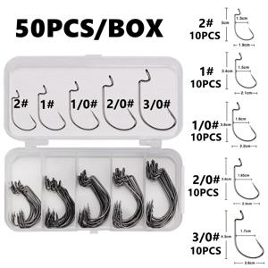 50Pcs 상자 낚시 후크 세트 지그 크랭크 가시 후크 높은 탄소 스테인레스 스틸 넓은 간격 오프셋 Fishhook 소프트 웜 바다 후크 태클