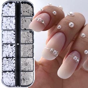 12 그리드 화이트 진주 네일 매력 캐비어 비즈 장식 하프 진주 네일 쥬얼리 부품 DIY 장식품 매니큐어 액세서리