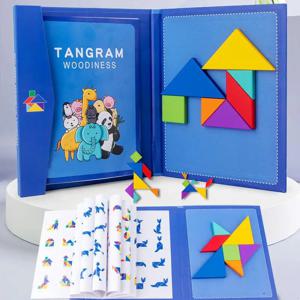 자기 3D 기하학적 모양 Tangram 퍼즐 보드 퍼즐 책 어린이 몬테소리 게임 아기 교육 나무 장난감 어린이를위한 선물