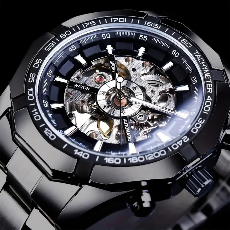 유럽 및 미국 스타일 고급 비즈니스 남성용 럭셔리 오토매틱 기계식 시계 - 스켈레톤 디자인, 스테인리스 스틸 스트랩, 라운드 다이얼, 남성용 시계, 오픈 오토매틱 무브먼트, 고급 스포츠 스타일, 스켈레톤 시계 |   스켈레톤 시계 |   스테인리스 스틸 케이스, 선물용으로 최고의 선택, 선물용 시계