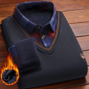 남성용 격자 무늬 풀오버 니트 폴로 셔츠 양털 안감 스웨터 니트 바닥 셔츠 아빠 따뜻한 풀오버 니트웨어