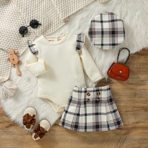 3 조각 아기 소녀 패션 가을 복장 격자 무늬 인쇄 단추와 긴 소매 Romper a 라인 스커트 streetwear + 모자에 대 한 설정