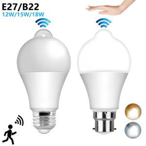 모션 센서 LED 조명 220V 110V E27 B22 12W 15W 18W LED 램프 자동 스마트 적외선 LED 전구 에너지 절약 Bombillas 홈 베란다